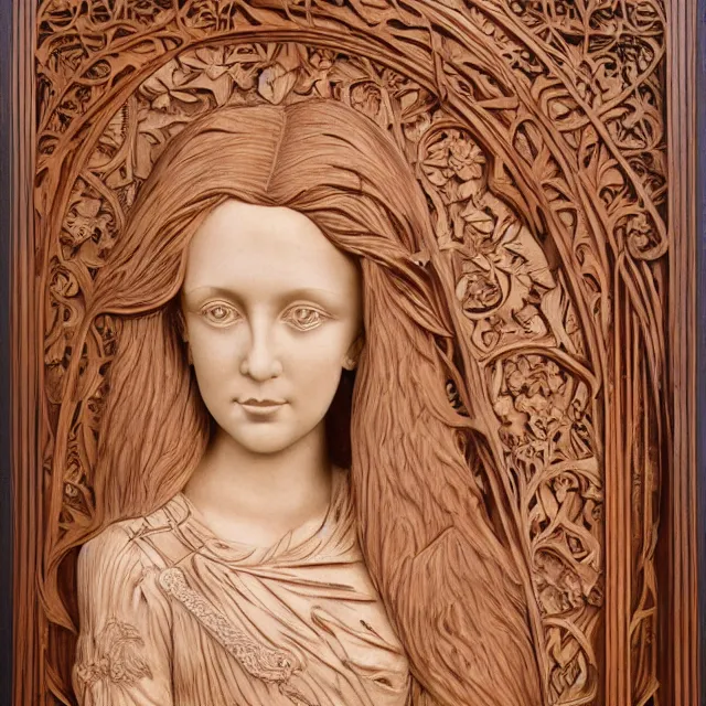 Image similar to a 3 d bas - relief wooden mahogany art nouveau carved sculpture of a young millie bobby brown or alicia vikander with long hair blowing in the wind, in front of a delicate tracery pattern, intricate and highly detailed, well - lit, ornate, realistic, polished with visible wood grain