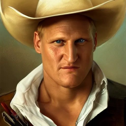 Image similar to portrait painting of smirk woody harrelson, with a cowboy hat and bloody golf club, ultra realistic, concept art, intricate details, eerie, highly detailed, photorealistic, octane render, 8 k, unreal engine. art by artgerm and greg rutkowski and alphonse mucha