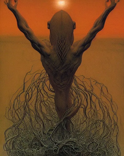 Image similar to conjuring!!! an image!!! from noise!!!, by michael parkes, zdzisław beksinski, and larry elmore, intricate, chaotic, hopefull, volumetric lighting