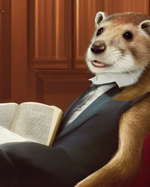 Image similar to a very high resolution image from a new movie, a weasel wearing a suit watching book in a shabby lawyer office, surrounded by water vapor and dim light summer unreal engine 5, hyper realism, realistic shading, cinematic composition, blender render, octane render, hdr, detailed textures, photorealistic, wide shot