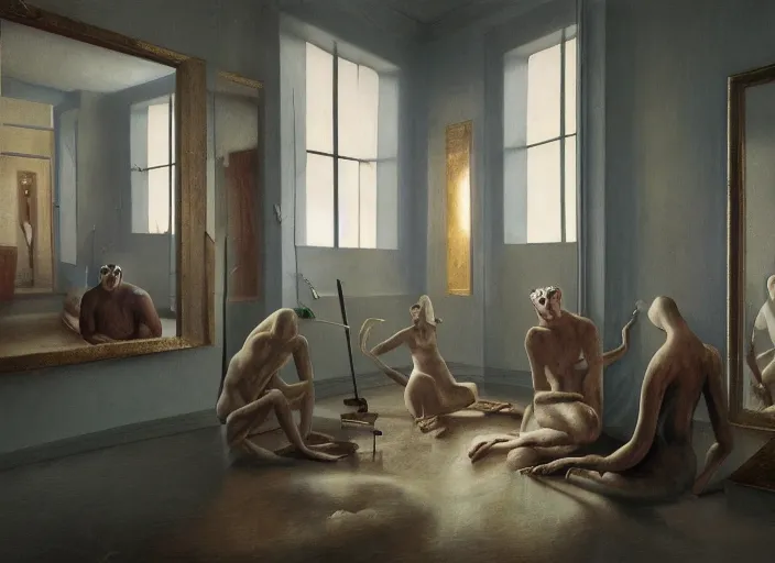 Image similar to group of creatures with distinct personalities, in an urban hotel room, several mirrors : : surreal architecture, chiaroscuro lighting, mysterious atmosphere : : oil painting by leonora carrington, hieronymus bosch and edward hopper, ultra - detailed technical precision : : matte painting, high definition, octane render, unreal engine, 8 k