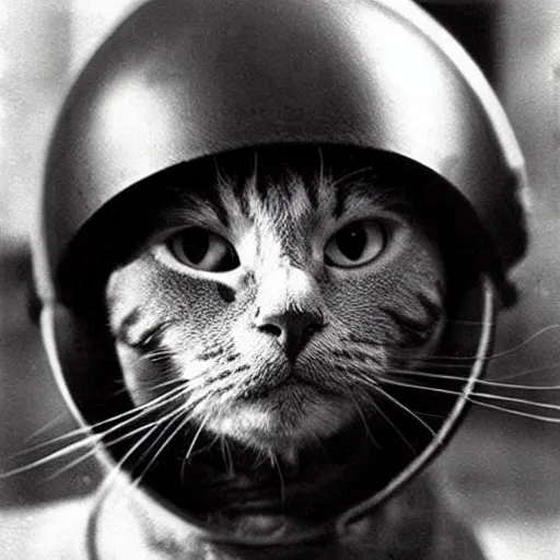Image similar to “ close up of a cat wearing soldier helmet in the battle, ww 2 historical photography, black & white ”