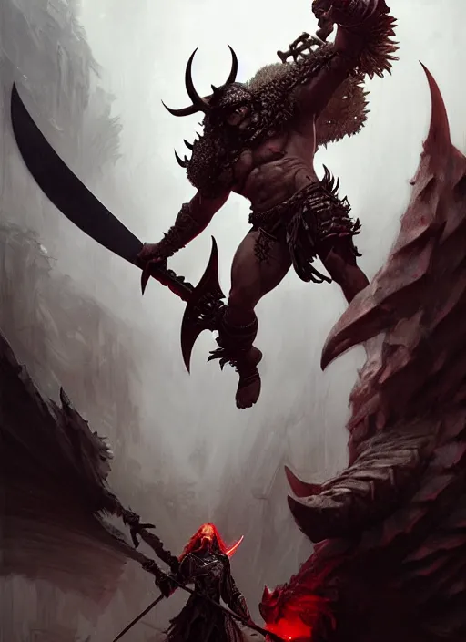 Prompt: a barbarian male horned demon with a huge sword and wings, dim light, front game card, marvel comics, dark, intricate, highly detailed, smooth, artstation, digital illustration by ruan jia and mandy jurgens and artgerm and wayne barlowe and greg rutkowski and zdislav beksinski