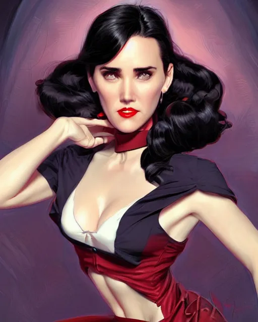 Image similar to a pin up and beautiful fashion charming dreamlke jennifer connelly, symmetrical face symmetrical eyes, character art, art by artgerm lau and wlop and and ilya kuvshinov and john singer sargent, rafael albuquerque comic art, hyperdetailed, 8 k realistic, symmetrical, frostbite 3 engine, cryengine, digital art