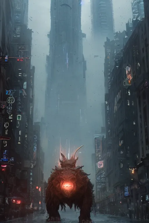 Prompt: a beautiful portrait of a giant michanical beast walking through the city by Greg Rutkowski, Sung Choi, Mitchell Mohrhauser, Maciej Kuciara, Johnson Ting, Maxim Verehin, Peter Konig, final fantasy, Marco lense , 8k photorealistic, cinematic lighting, HD, high details, atmospheric , trending on artstation