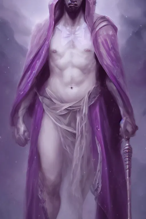 Prompt: djinn man male demon warlock, portrait, concept art, purple cloak, single face, illustration, white spiral horns, cinematic color grading, editorial photo, fashion, hyperrealism, realism, trending on artstation, Charlie Bowater, WLOP