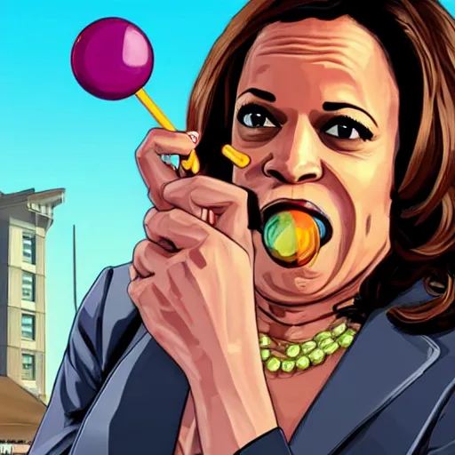 Prompt: gta 5 cover art of kamala harris eating a lolli - pop