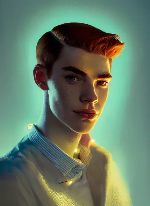 Prompt: portrait of archie andrews, freckles, intricate, elegant, glowing lights, highly detailed, digital painting, artstation, concept art, smooth, sharp focus, illustration, art by wlop, mars ravelo and greg rutkowski