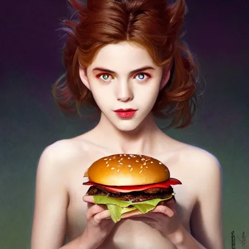 Prompt: portrait of batboy eating hamburgers, extra onions and ketchup, luscious patty with sesame seeds, feminine ethereal, handsome, d & d, fantasy, intricate, elegant, highly detailed, digital painting, artstation, concept art, matte, sharp focus, illustration, art by artgerm and greg rutkowski and alphonse mucha