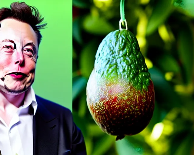 Image similar to 8 5 mm photography of elon musk!! dressed as an avocado!! dof and bokeh