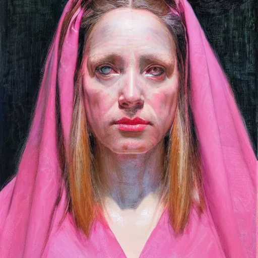 Prompt: frontal portrait of a priestess, wearing pink, by donato giancola.