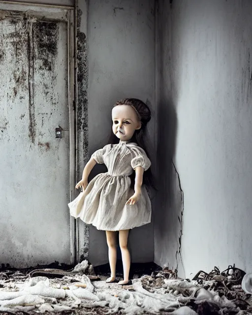 Prompt: portrait of a creepy little girl porcelain doll wearing a dirty white dress with long wet black hair standing in a filthy room in an abandoned old asylum, photo by mario testino, 8k octane render, cinematic,