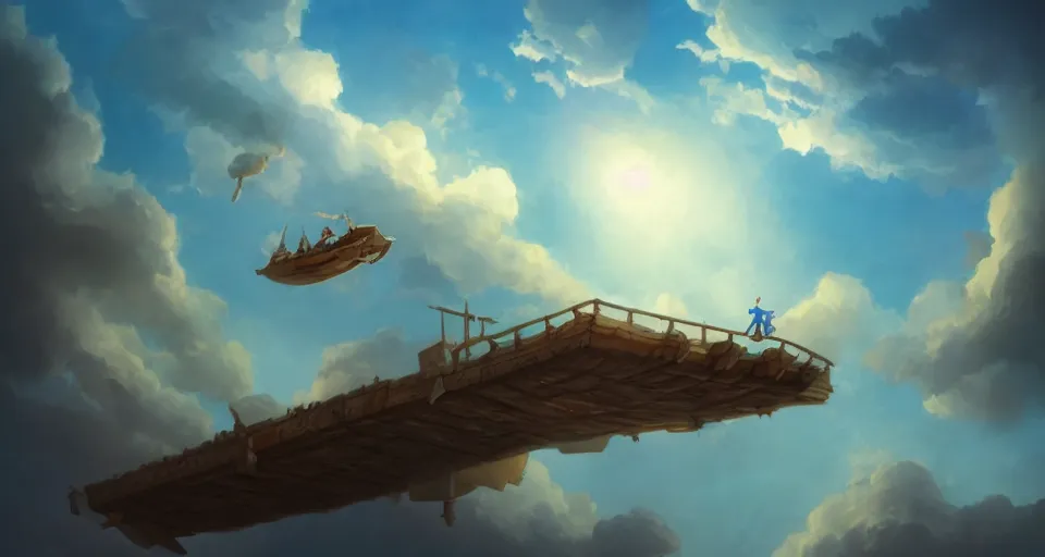 Image similar to a boy being thrown off of a large wooden fantasy sky - ship flying through the clouds with blue sky, andreas rocha style