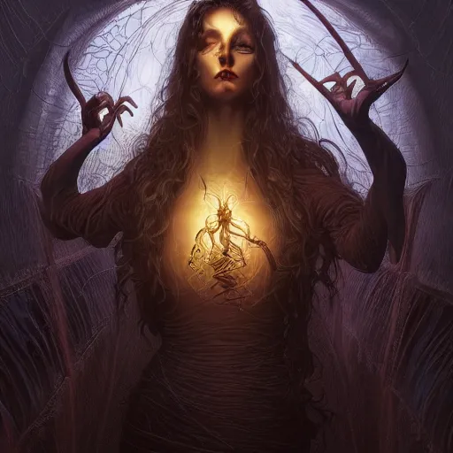 Prompt: photorealistic spider witch in the style of michael whelan and gustave dore. hyperdetailed photorealism, 1 0 8 megapixels, amazing depth, glowing rich colors, powerful imagery, psychedelic overtones, 3 d finalrender, 3 d shading, cinematic lighting, artstation concept art