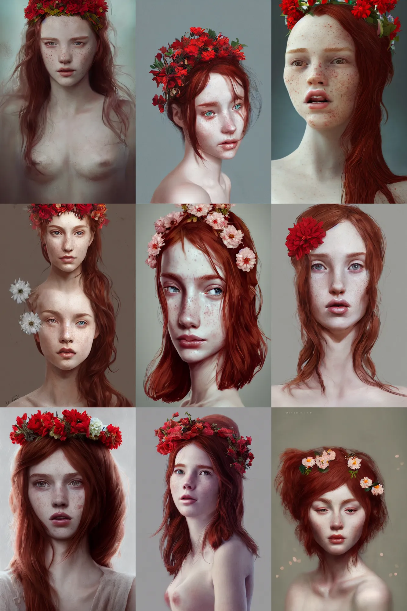 Prompt: A portrait of a beautiful red haired girl with freckles, wearing a flower headpiece, soft flowy fabric, porcelain skin, cinematic lighting, photo realistic, highly detailed, maya, digital painting, artstation, concept art, sharp focus, illustration, by WLOP