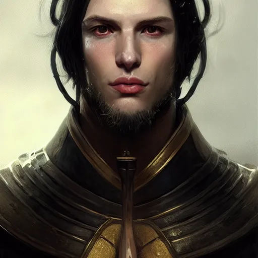 Prompt: portrait of a attractive male with pale skin, long black hair and proeminent cheekbones, medieval, character design, armor, painting by wlop, nixeu and greg rutkowski, beautiful, semirealism, artstation, octane render, sharpness, 8 k, golden ratio