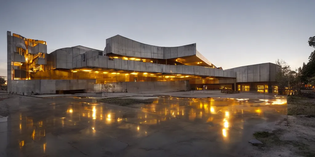 Image similar to wide angle photo of brutalist building made from reflective nickel chrome with copper and gold. inspired by 1 9 2 0 locomotive. late evening with reflective pool and glowing lights. bella hadid. highly reflective and shiny. frank loyde wright