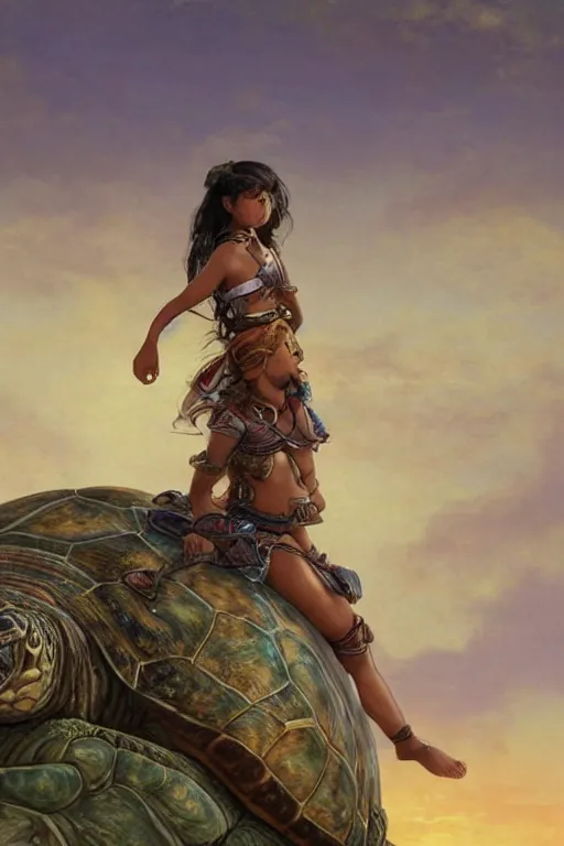 Image similar to a little warrior girl sitting on top of a giant turtle that is walking in the desert, seen from a distance. the girl is fully visible and has dark skin and beautiful green eyes, realistic full body and a very beautiful detailed face with long black hair. diffuse light, dramatic sky and landscape, fantasy illustration by mucha