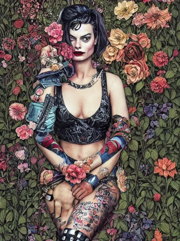 Prompt: a punk portrait of margot robbie harley quinn between embellished pattern and huge flower bushes,by tom bagshaw,marie spartali Stillman,Ekaterina Belinskaya,William Morris,Oleg Turchin,trending on pinterest,dark fantasy,maximalist,glittering,feminine