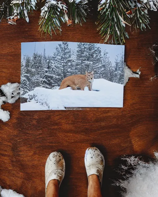 Image similar to postcard showing 'a cougar sleeping in the middle of snowy pine tree' laying on coffee table, zoomed out, HD, iphone capture