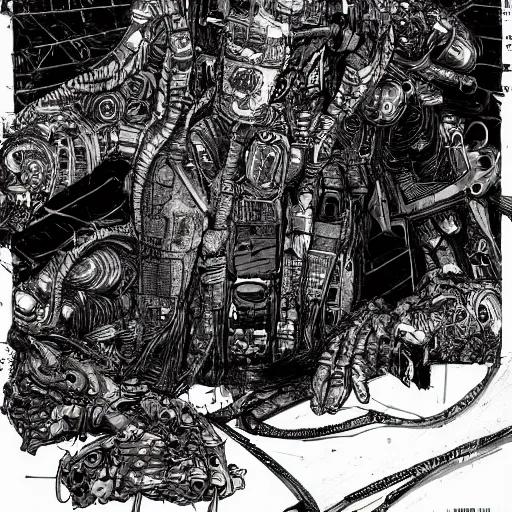 Image similar to cannabis, scifi, post-apocalyptic, grim, cyberpunk, detailed linework, colourful tones, cinematic, psychedelic, black paper, tarot card, highly detailed, ink illustration, manga by tsutomu nihei, manga style, artstation, 8k