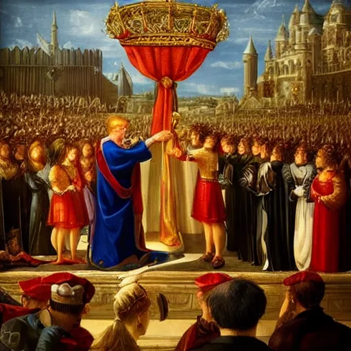 Image similar to crowning of donald trump, epic lighting, medieval painting, amazing details