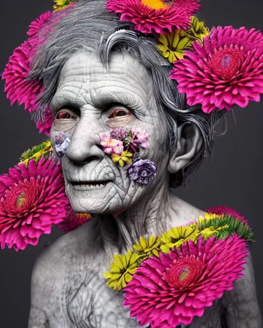 Image similar to a portrait of a fleshy old woman covered in flowers in the style of guiseppe arcimboldo and james jean, covered in wispy gray hair with a hint of neon, hd 3 d, cinematic shot, volumetric lighting, 8 k