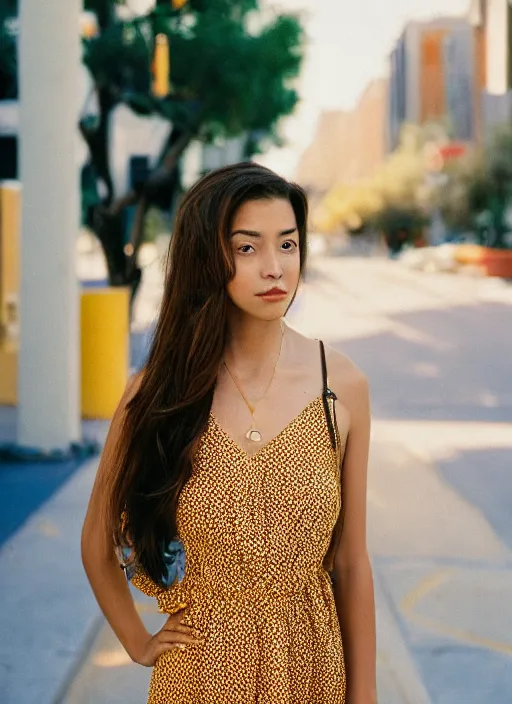 Image similar to portrait of a beautiful brown hair woman in a yellow sun dress in downtown Los Angelas, 50mm lens, Kodak Portra 400 film