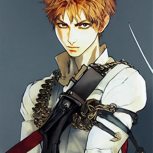 Image similar to portrait of a young white hero using his right arm to hold his sword covering his eye illustrated by yoji shinkawa, high quality, extra details, realism, ornate, colored, golden chain, blood, white skin, short hair, brown eyes, vivid, sunlight, red headband, black eyepatch, white american soldier, painting, cybernetics, military