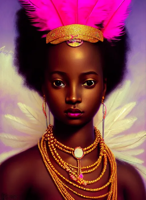 Image similar to stunning african godess princess, detailed pink and white feathers head peace against a black backdrop by ivan aivazovsky, 3 / 4 view portrait, wlop, super sharp details, photorealism, canon 5 d, 5 0 mm lens, stunning photoshot, beautiful soft lighting, muted colours, artstation