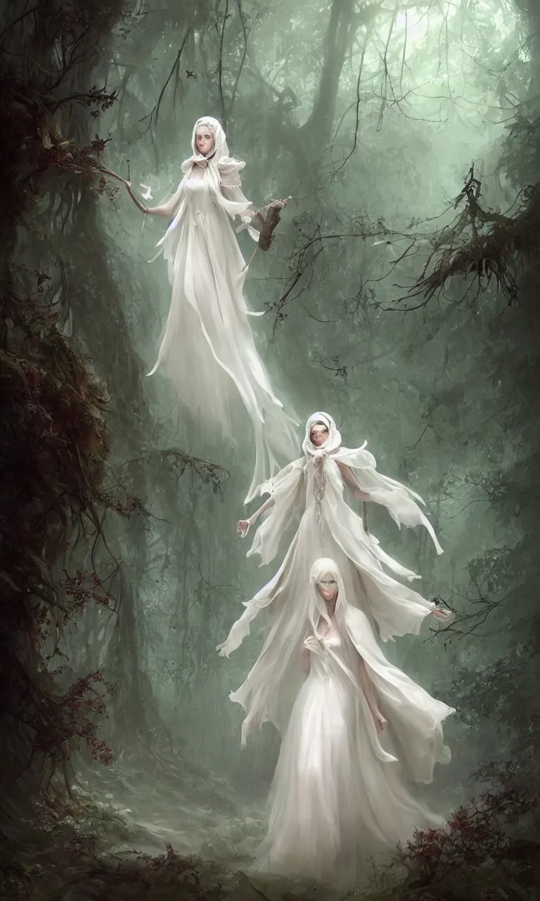 Prompt: beautiful pastel witch dress in white in a glade in a misty path of the ancient forest at dusk., wearing veil with rococo ornaments, atmospheric, in a spotlight, character design, concept art, cinematic, beautiful lighting, hyper details, beatiful art by Lêon François Comerre, Craig Mullins, Peter Mohrbacher, red and cream, artstation, unreal engine, highly detailed environment HD, Maxon Cinema 4D render, 8K, dark beauty, by Jean-Baptiste Regnault, agostino arrivabene, Botticelli and, Fabio Timpanaro, samori, rubens, trending on artstation