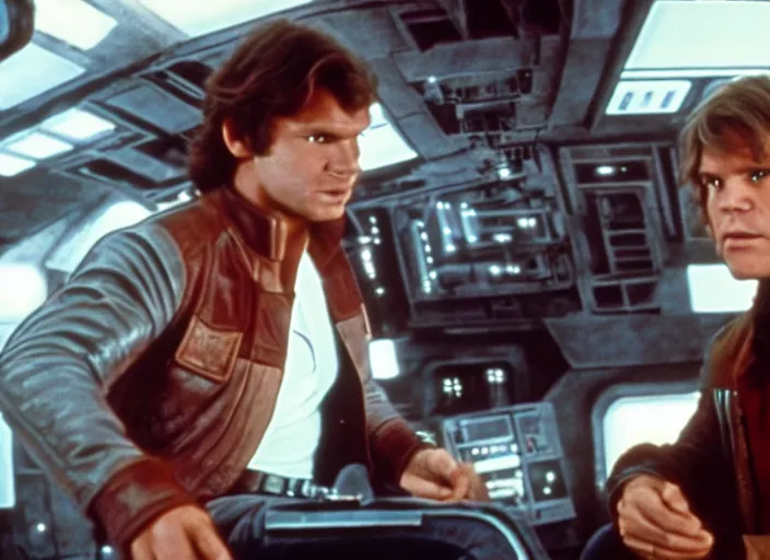 Image similar to screenshot of Han Solo on the millenium falcon talking to a hologram of Luke Skywalker iconic scene from the 1970s sci fi thriller directed by Stanely Kubrick film, color kodak, ektochrome, anamorphic lenses, detailed faces, moody cinematography