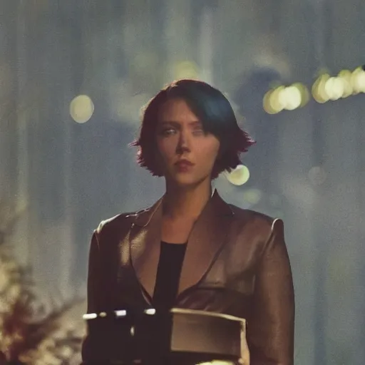 Image similar to a beautiful medium - shot of scarlett johansson as motoko kusanagi, beautiful soft light, blue hour, bokeh, by annie leibovitz