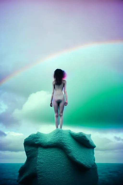 Image similar to high quality pastel coloured film close up wide angle photograph of a model wearing clothing swimming on cloud furniture in a icelandic black rock!! environment in a partially haze filled dreamstate world. three point light, rainbow. photographic production. art directed. pastel colours. volumetric clouds. pastel gradient overlay. waves glitch artefacts. extreme facial clarity. 8 k. filmic.