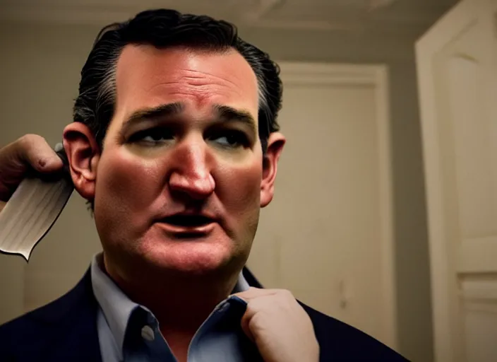 Image similar to ted cruz with a knife, movie still, from the new purge movie, 8 k, realistic