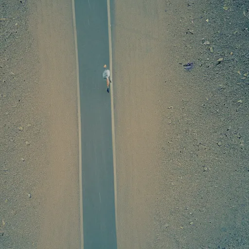 Image similar to satellite view of a man running on an abandoned road in a desert