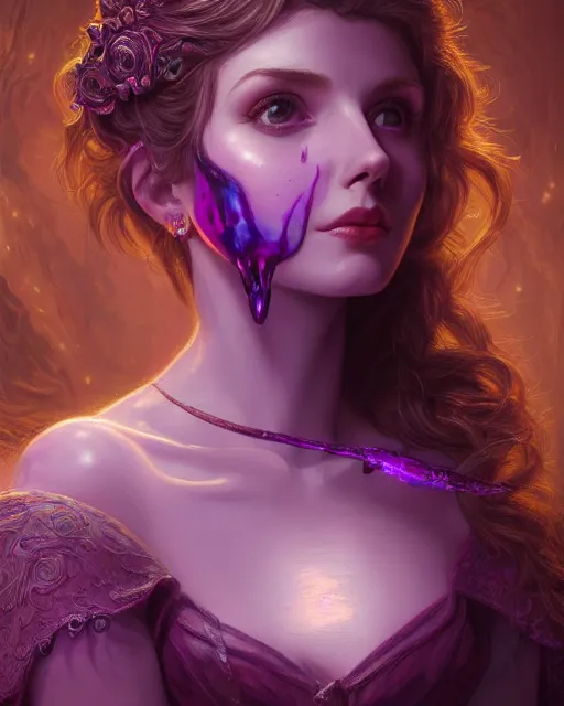 Image similar to Amouranth writing on herself, accurate details, detailed face, purple liquid in cup glowing, fantasy, dramatic, intricate, elegant, highly detailed, digital painting, artstation, concept art, smooth, sharp focus, illustration, art by Gustave Dore, octane render