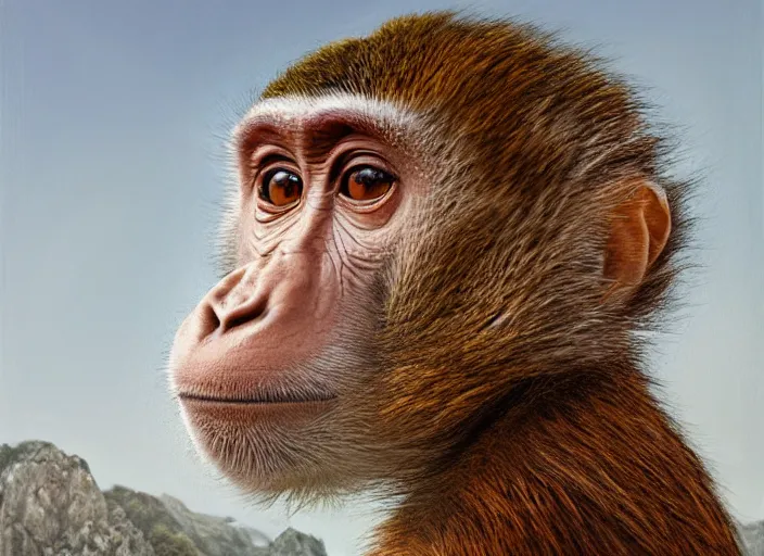 Prompt: a full head shot, detailed photograph of a monkey in a distance landscape, photorealism ultradetailed digital art, irina french, heraldo ortega, mandy jurgens, golden ratio, art canvas, award winning, masterpiece trending on artstation 8 k 1 5 0 mpx, hasselblade wide shot