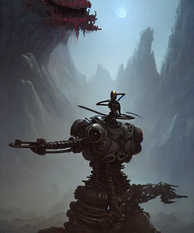 Image similar to an alien robot, holding a katana, standing in an alien landscape, old and rusty, dnd character art portrait, matte fantasy painting, deviantart artstation, by jason felix by steve argyle by tyler jacobson by peter mohrbacher, cinematic lighting