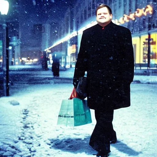 Image similar to 1 9 9 8 andy richter wearing a black wool coat and necktie standing on the streets of chicago at night in winter, holding shopping bags, dynamic lighting, holiday season.