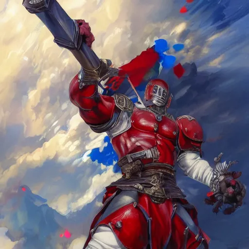 Image similar to Anime Strongman with the power to level up, a blue and red dagger, fighting a knight in red armor, detailed, centered, digital painting, artstation, concept art, donato giancola, Joseph Christian Leyendecker, WLOP, Boris Vallejo, Breathtaking, 8k resolution, extremely detailed, beautiful, establishing shot, artistic, hyperrealistic, beautiful face, octane render, cinematic lighting, dramatic lighting, masterpiece