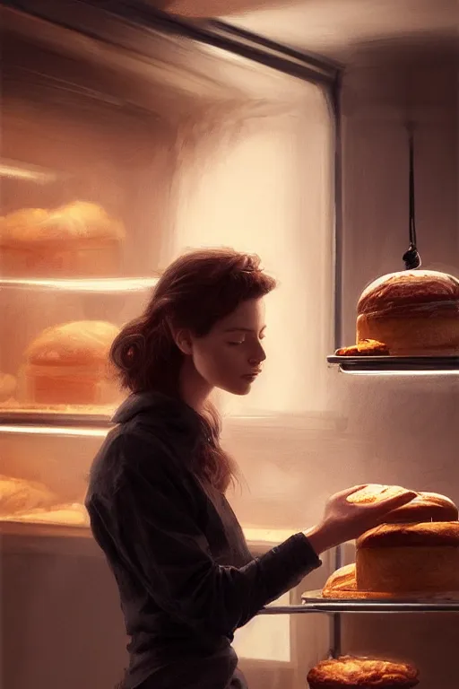 Prompt: portrait of a beautiful model in a bakery presenting a roll, dramatic lighting, highly detailed, digital painting, artstation, concept art, smooth, sharp focus, illustration, art by wlop, mars ravelo and greg rutkowski