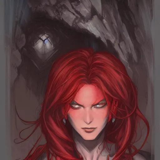 Image similar to a woman with red hair in a dark cave, concept art by Magali Villeneuve, deviantart contest winner, fantasy art, concept art, dark and mysterious, d&d