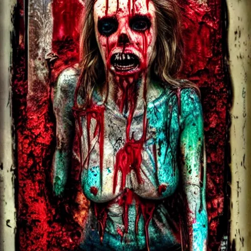 Image similar to horror art, deep bleeding decaying colors!, real life models!