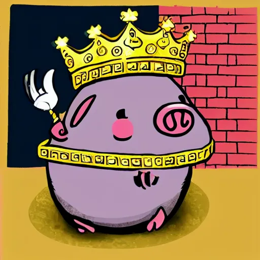 Image similar to 2d cartoon happy pig wearing a gold crown in the style of joe tamponi