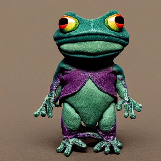 Image similar to photorealistic frog cleric as a chibi muppet plush made from transparent sheer fabric wearing a wolf skull on its head and carrying a tiny sketch book and pencil, photography, national geographic, sesame street