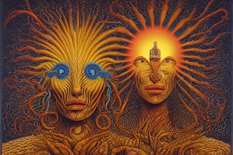 Image similar to THE QUEEN OF THE SUN by jacek yerka, alex gray, zdzisław beksiński, dariusz zawadzki, jeffrey smith and h.r. giger, oil on canvas, 8k highly professionally detailed, trending on artstation