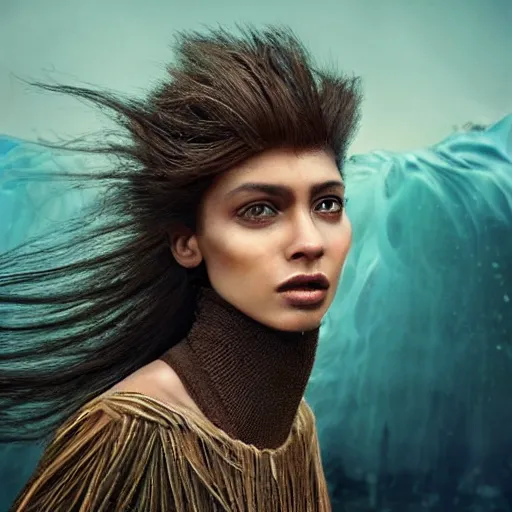 Prompt: a medium shot of a brown woman wearing a stalactite armor. stalagmite hair. layered. textured. fragile. piercing eyes!! steely gaze!! ice caves. glaciers. azure. coherent face!! no makeup!! dramatic lighting. by ray caesar. by louise dahl - wolfe. by andrea kowch. surreal photography