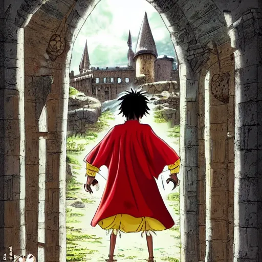 Image similar to luffy in the harry potter universe far away at some ruins from a castle. a wizard is already there and summons a portal that would take me back home.