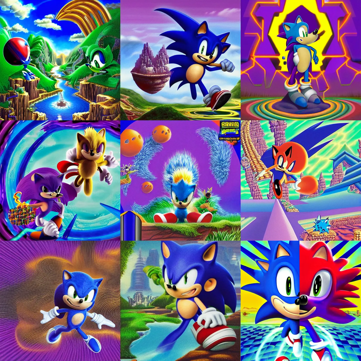 Prompt: cryptic portrait of sonic hedgehog and a matte painting landscape of a surreal, sharp, detailed professional, soft pastels, high quality airbrush art album cover of a liquid dissolving airbrush art lsd dmt sonic the hedgehog swimming through cyberspace, purple checkerboard background, 1 9 9 0 s 1 9 9 2 sega genesis rareware video game album cover